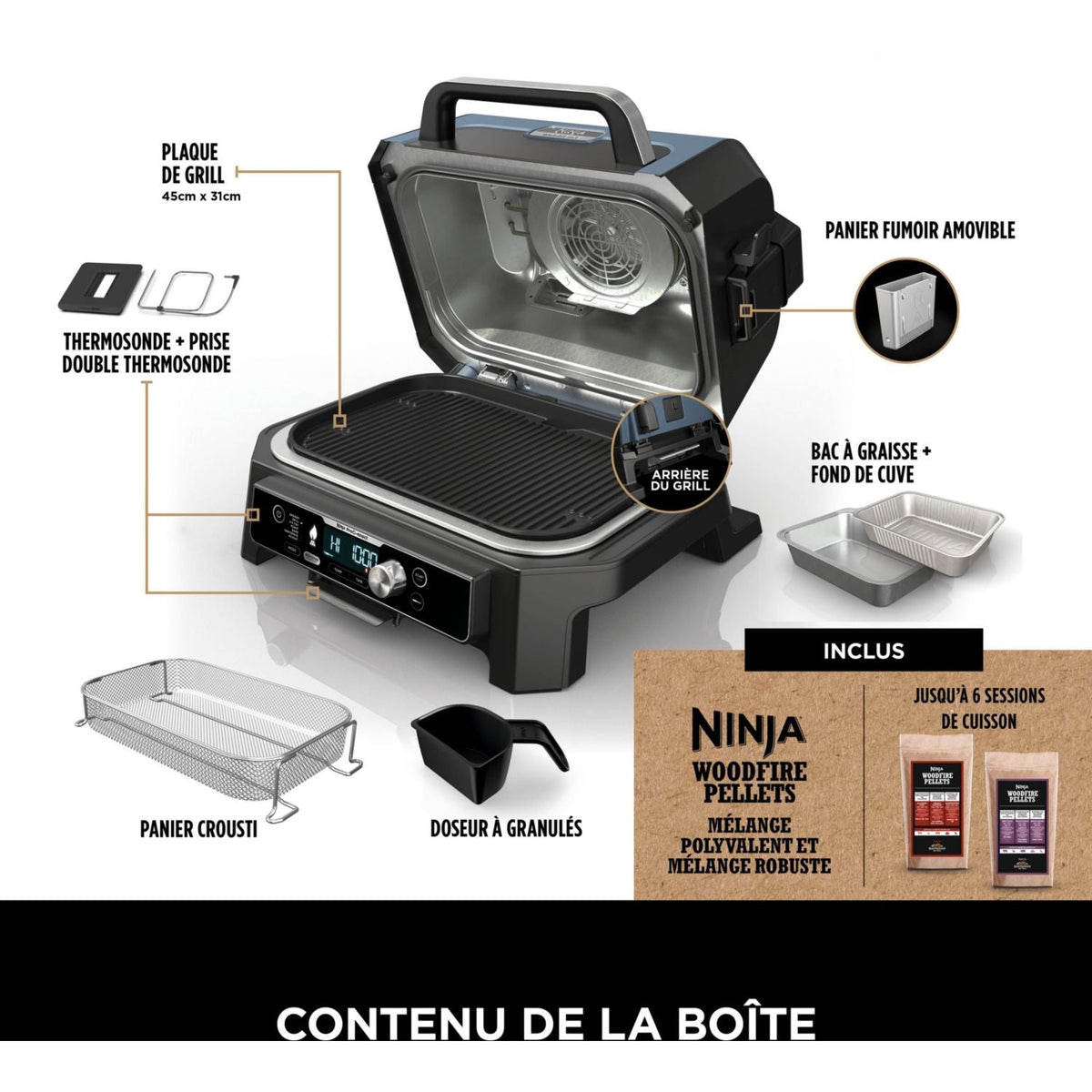 Barbecue électrique Ninja OG901EU Woodfire pro connect à poser, 44.5x26.5 cm