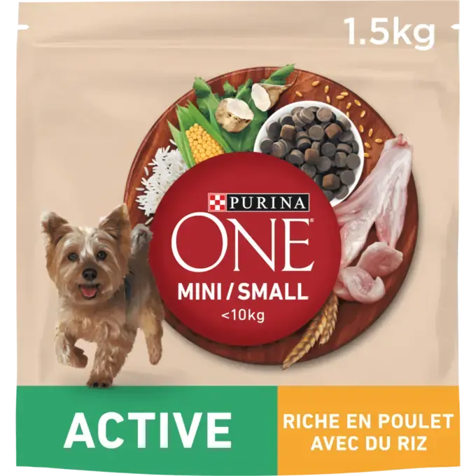 PURINA® ONE® MINI/SMALL < 10kg Active, Croquettes pour petit chien actif Riche en Poulet avec du Riz