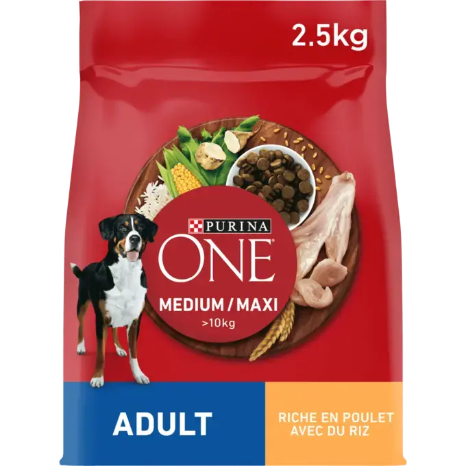 Purina® ONE® Medium / Maxi > 10kg Croquettes pour chien adulte Riche en Poulet avec du Riz