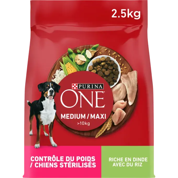 PURINA® ONE® MEDIUM MAXI > 10kg Contrôle du Poids / Chiens stérilisés, Riche en Dinde avec du Riz