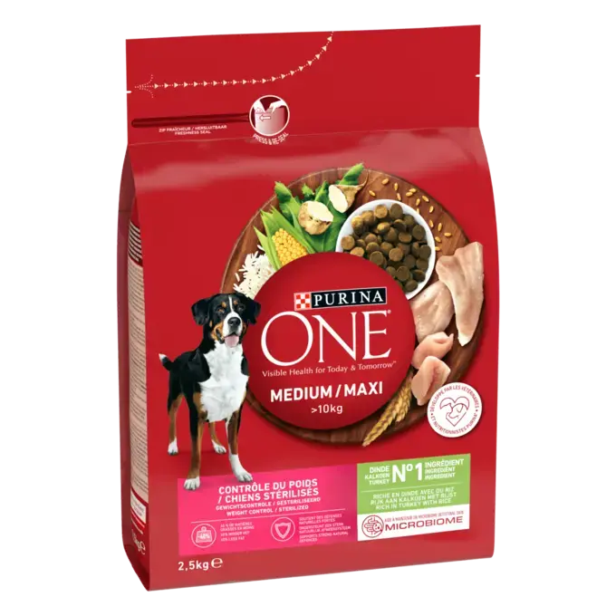 PURINA® ONE® MEDIUM MAXI > 10kg Contrôle du Poids / Chiens stérilisés, Riche en Dinde avec du Riz
