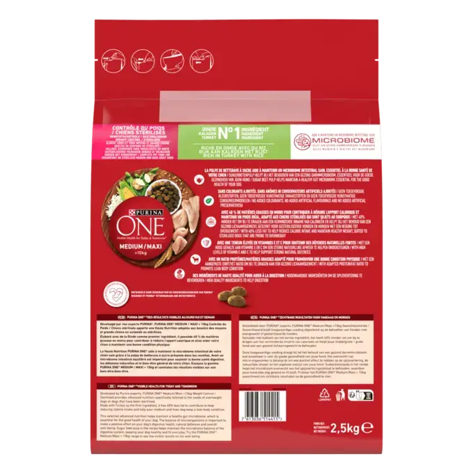 PURINA® ONE® MEDIUM MAXI > 10kg Contrôle du Poids / Chiens stérilisés, Riche en Dinde avec du Riz