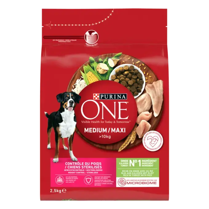 PURINA® ONE® MEDIUM MAXI > 10kg Contrôle du Poids / Chiens stérilisés, Riche en Dinde avec du Riz