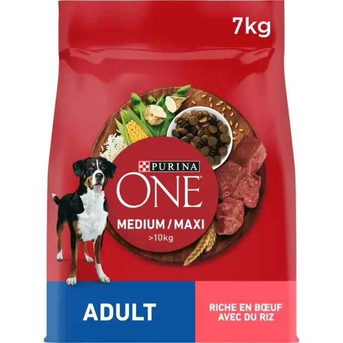 PURINA® ONE® Medium / Maxi > 10kg Croquettes pour chien adulte Riche en Bœuf avec du Riz