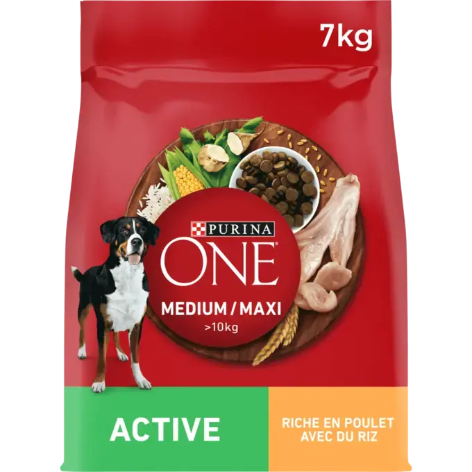 PURINA® ONE® MEDIUM MAXI > 10kg Active, Croquettes pour chien actif Riche en Poulet avec du Riz -