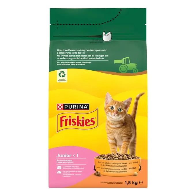 FRISKIES® JUNIOR - Croquettes pour Chaton avec un délicieux mélange de Poulet et de Dinde avec du Lait