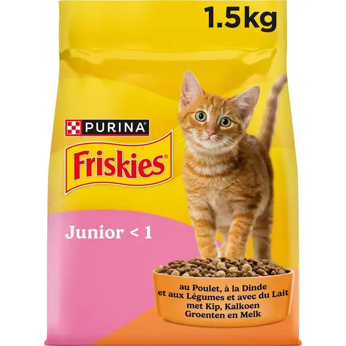 FRISKIES® JUNIOR - Croquettes pour Chaton avec un délicieux mélange de Poulet et de Dinde avec du Lait