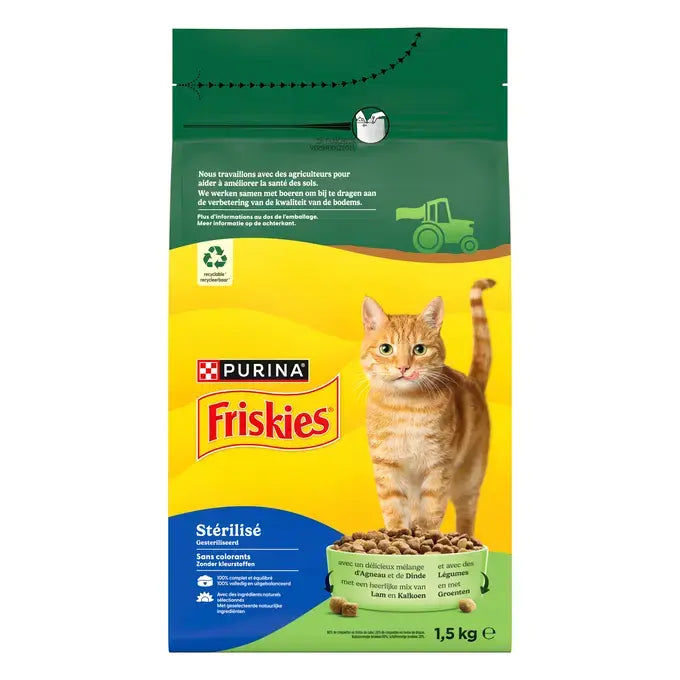 FRISKIES® GATO ESTERILIZADO – Pienso con una deliciosa mezcla de Cordero y Pavo con Verduras