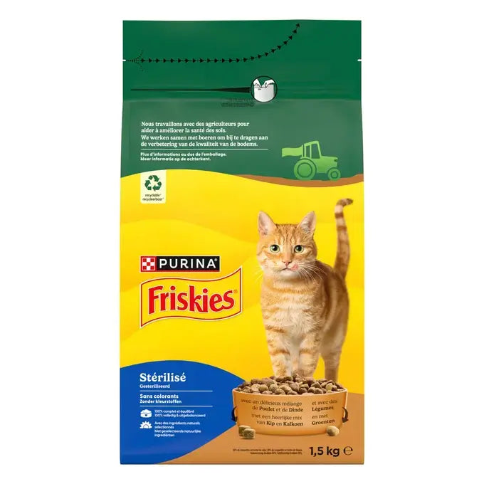 FRISKIES® GATO ESTERILIZADO - Pienso con una deliciosa mezcla de Pollo y Pavo con Verduras