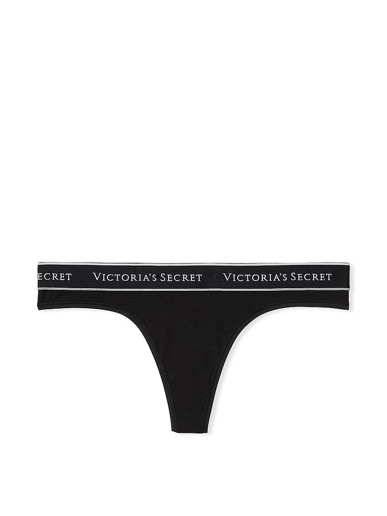 Logo Cotton Thong Panty - Black