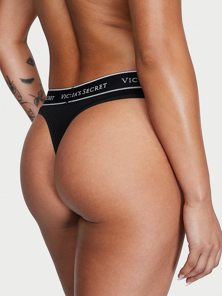 Logo Cotton Thong Panty - Black