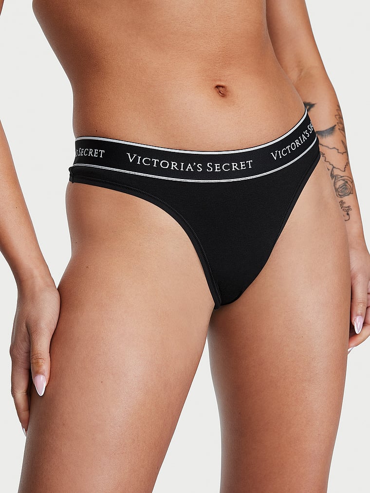 Logo Cotton Thong Panty - Black