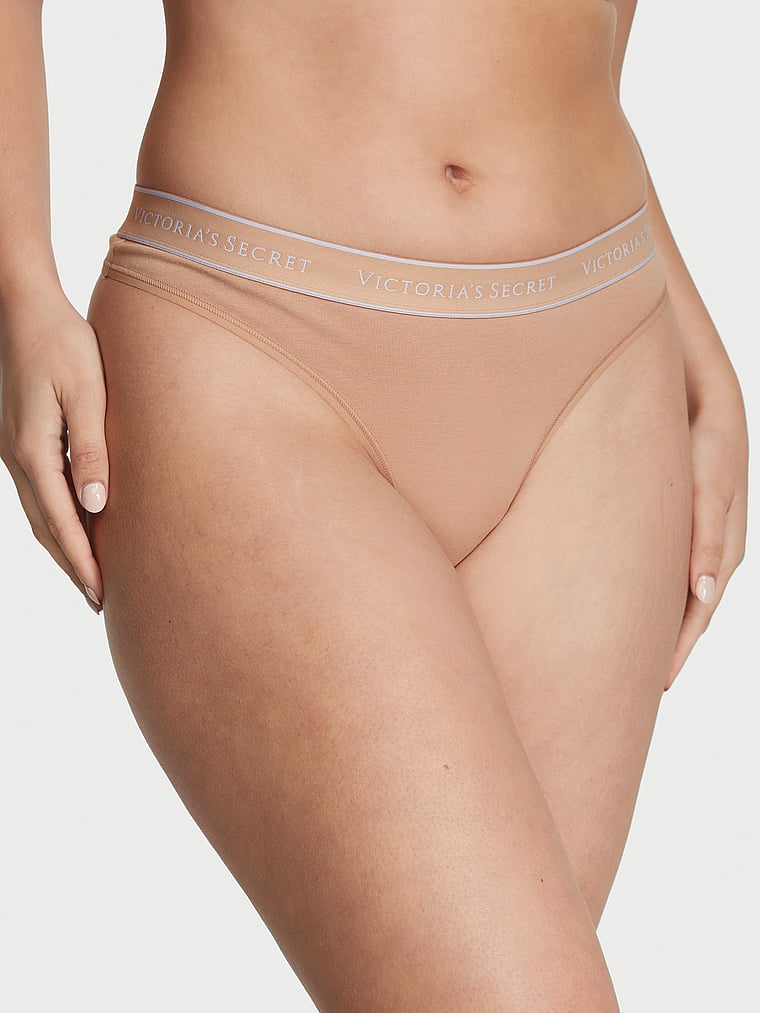 Logo Cotton Thong Panty - Praline