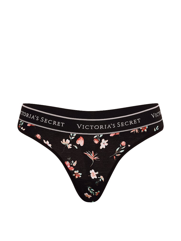 Logo Cotton Thong Panty - Black Floral