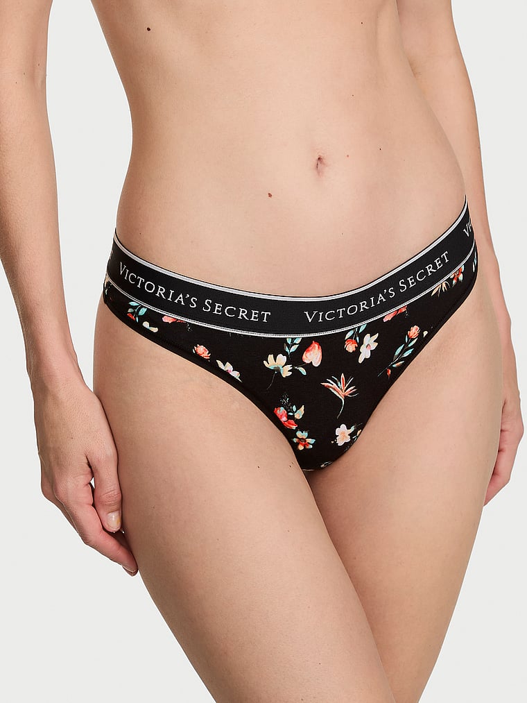 Logo Cotton Thong Panty - Black Floral