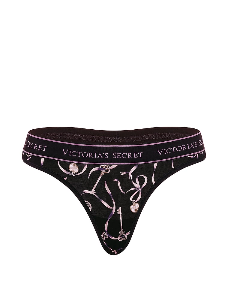 Logo Cotton Thong Panty - Black Key Ribbons