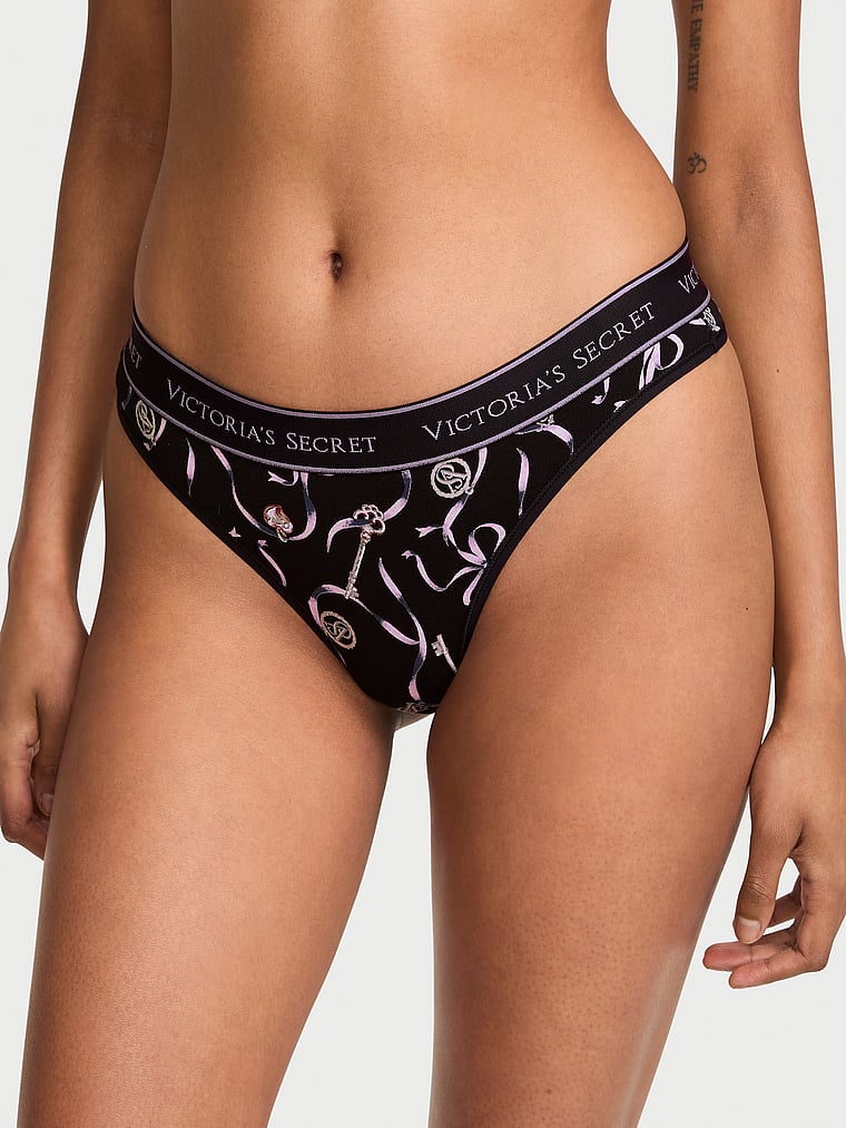 Logo Cotton Thong Panty - Black Key Ribbons