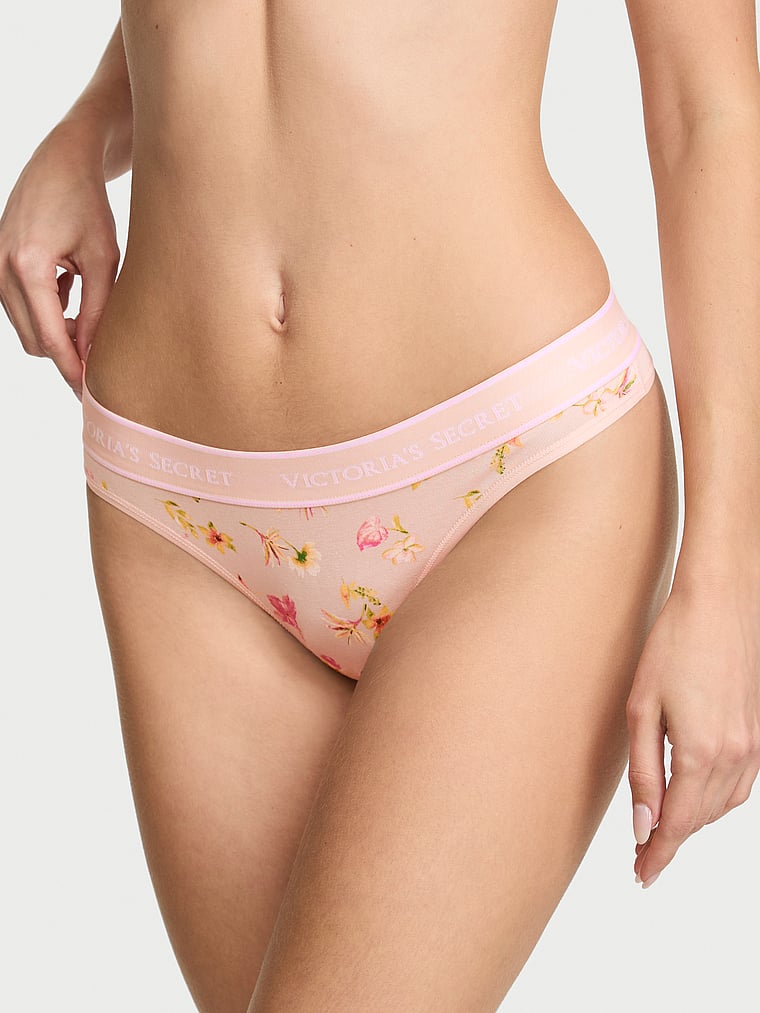 Logo Cotton Thong Panty - Pink Hibiscus