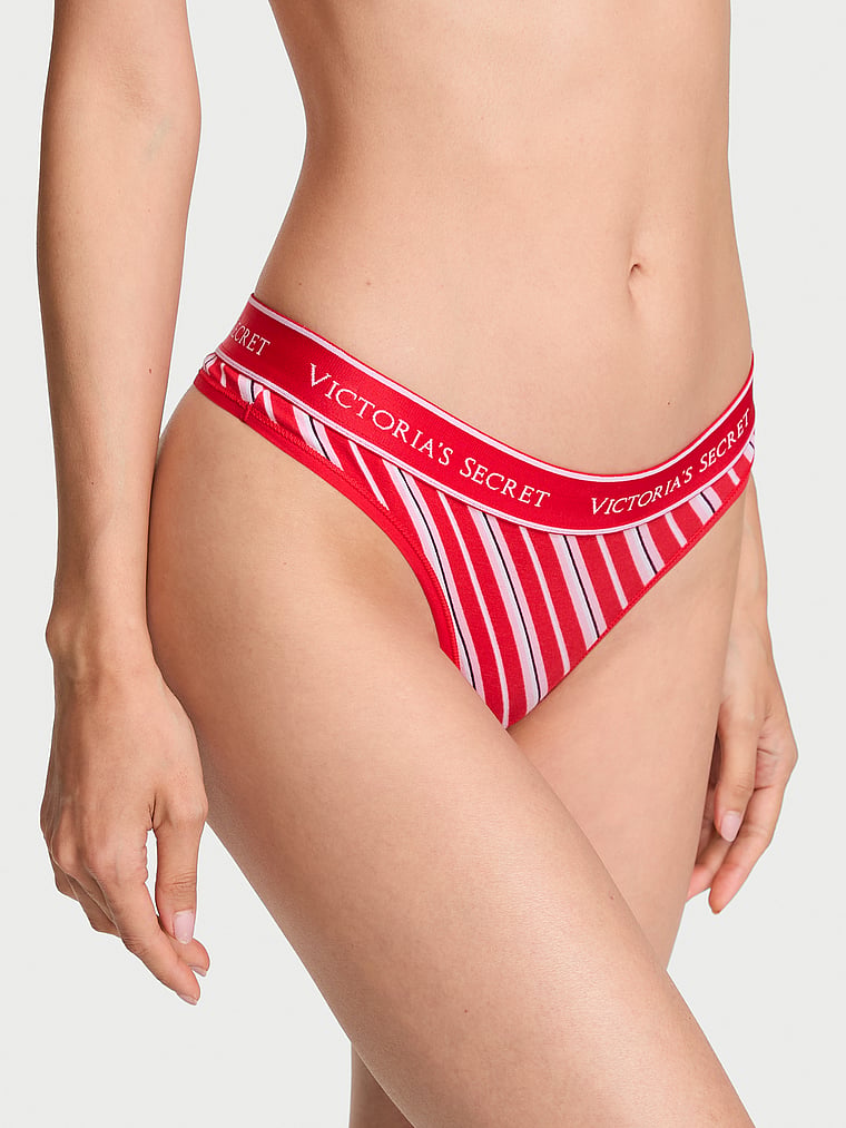 Logo Cotton Thong Panty - Red Candy Cane Stripes