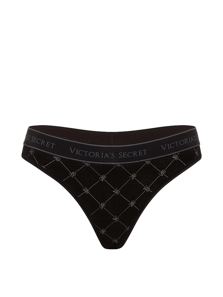 Logo Cotton Thong Panty - Black Logo Diamonds