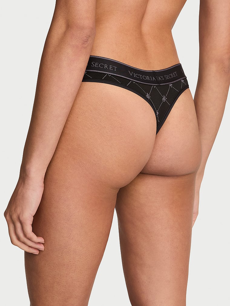 Logo Cotton Thong Panty - Black Logo Diamonds