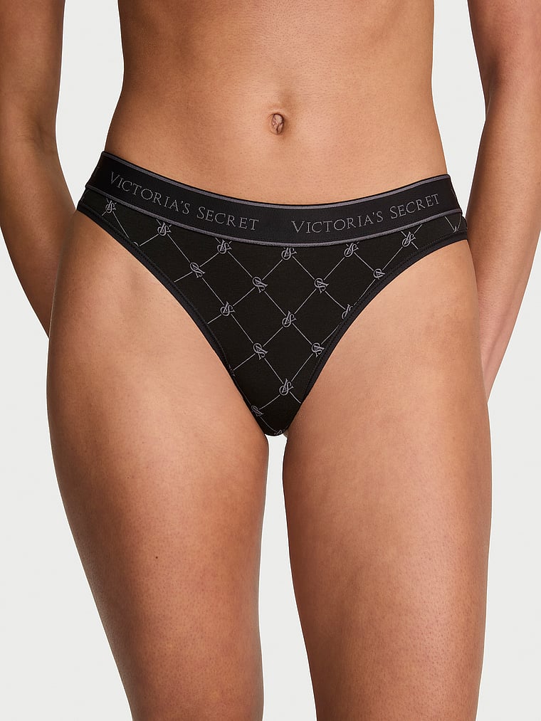Logo Cotton Thong Panty - Black Logo Diamonds
