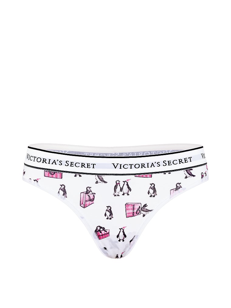 Logo Cotton Thong Panty - White Shopping Penguins