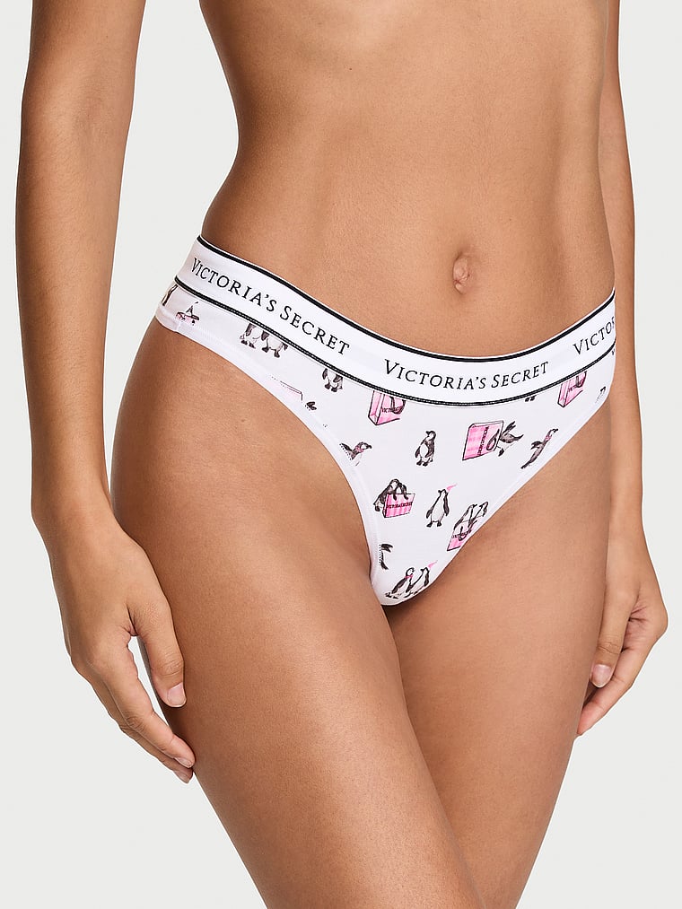 Logo Cotton Thong Panty - White Shopping Penguins