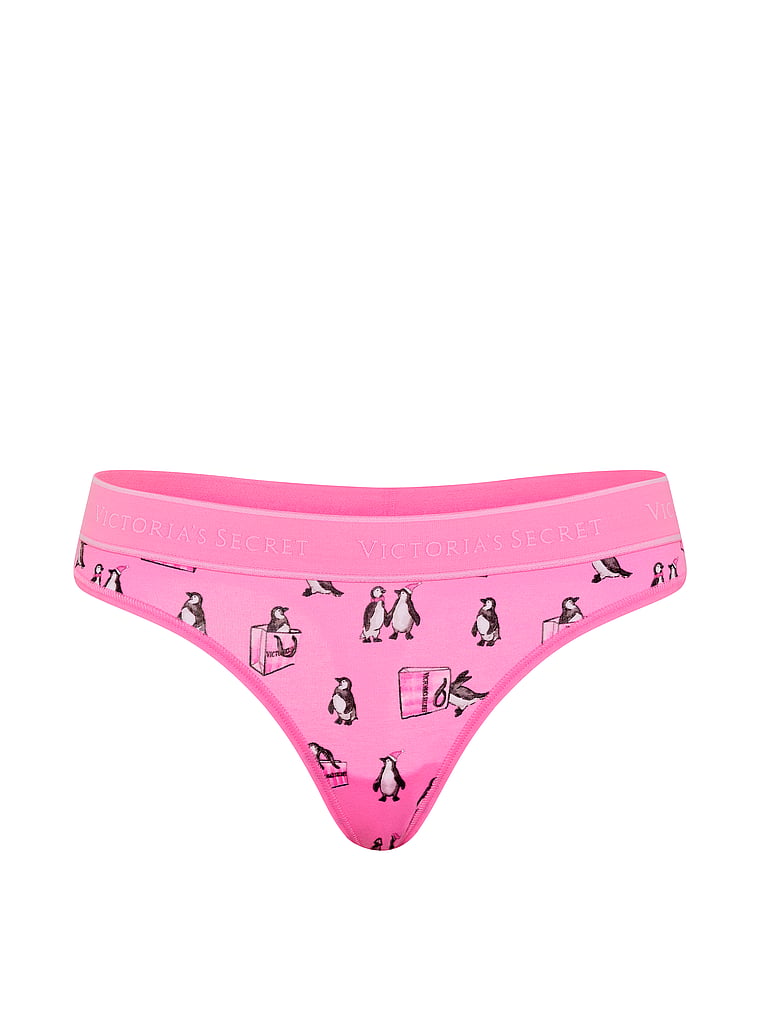 Logo Cotton Thong Panty - Pink Shopping Penguins