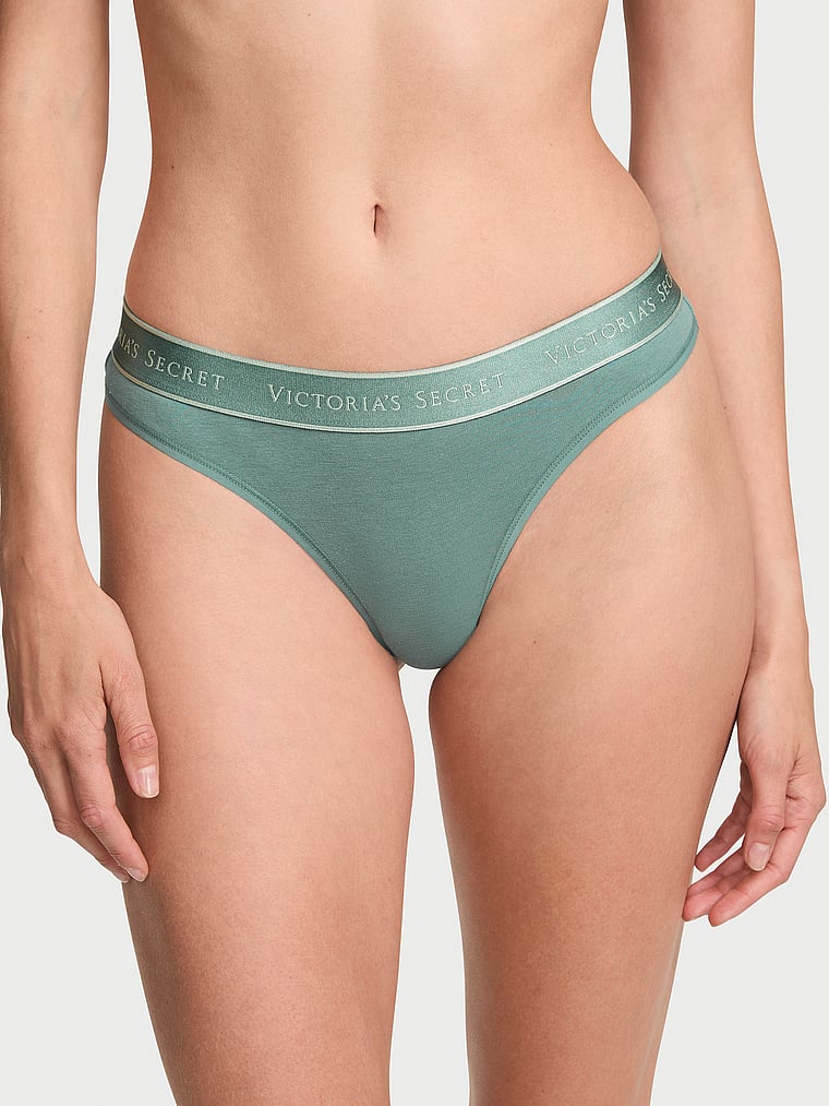 Logo Cotton Thong Panty - Arctic Green