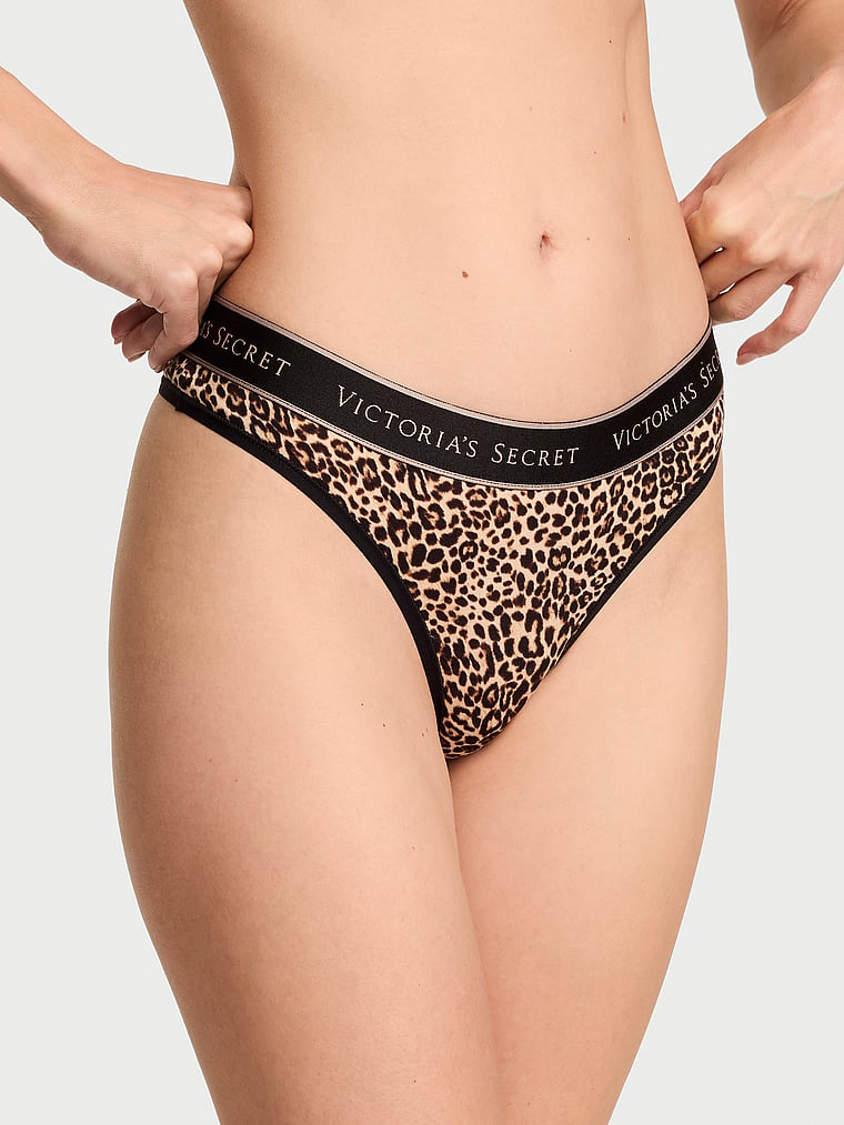 Logo Cotton Thong Panty - Leopard