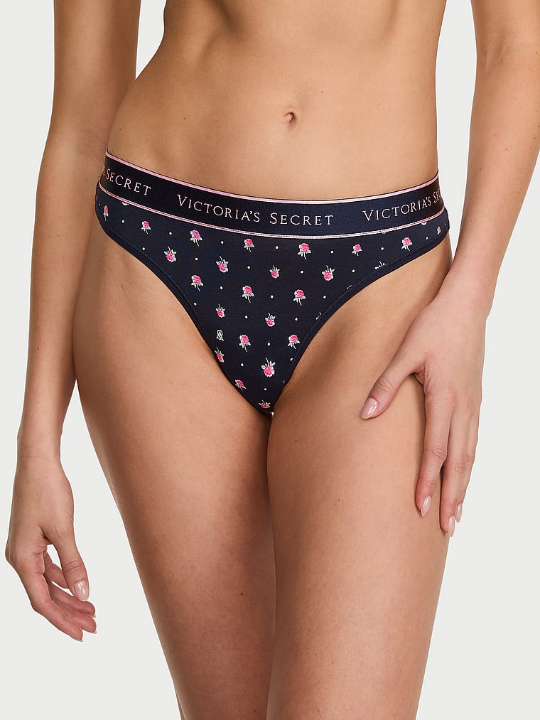 Logo Cotton Thong Panty - Classic Navy Floral