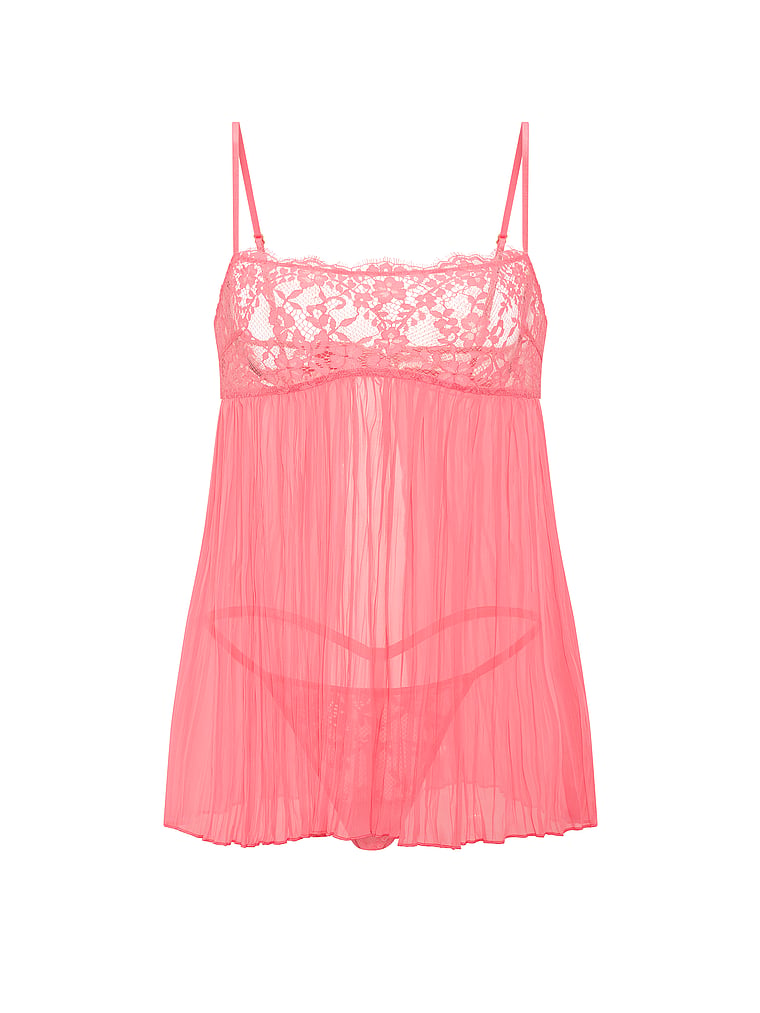 Dare to Dream Lace Pleated Babydoll Set - Wild Salmon