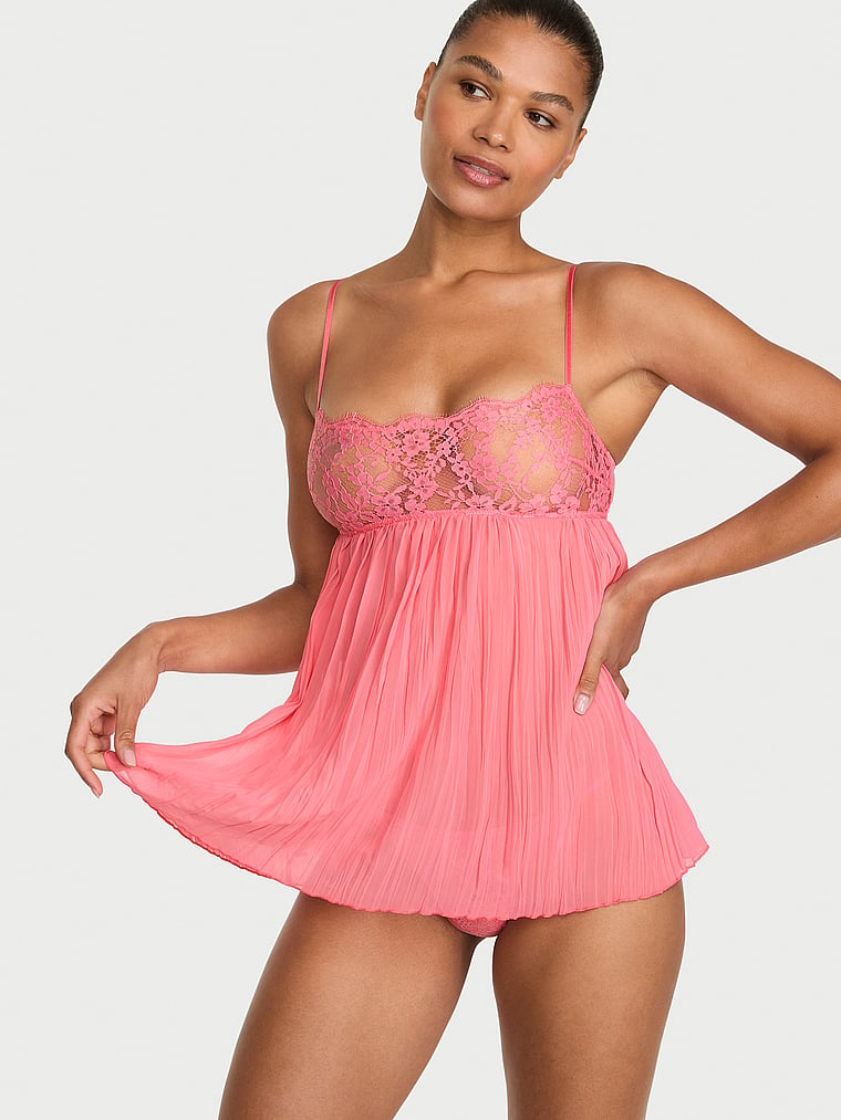 Dare to Dream Lace Pleated Babydoll Set - Wild Salmon