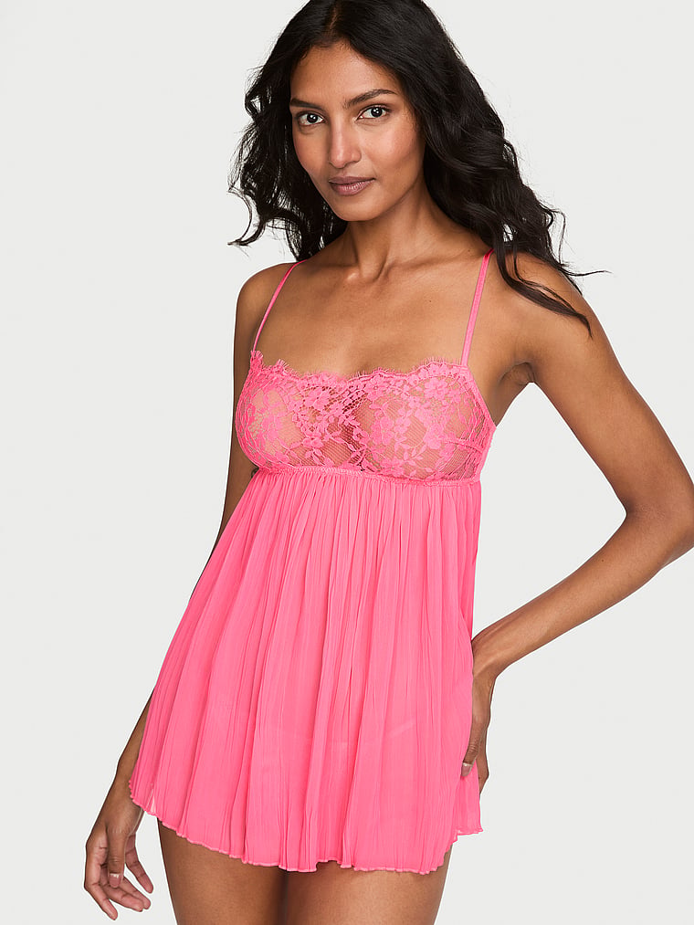 Dare to Dream Lace Pleated Babydoll Set - Bombshell Pink
