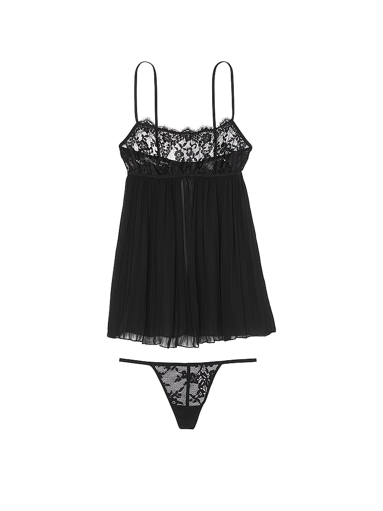 Dare to Dream Lace Pleated Babydoll Set - BLACK