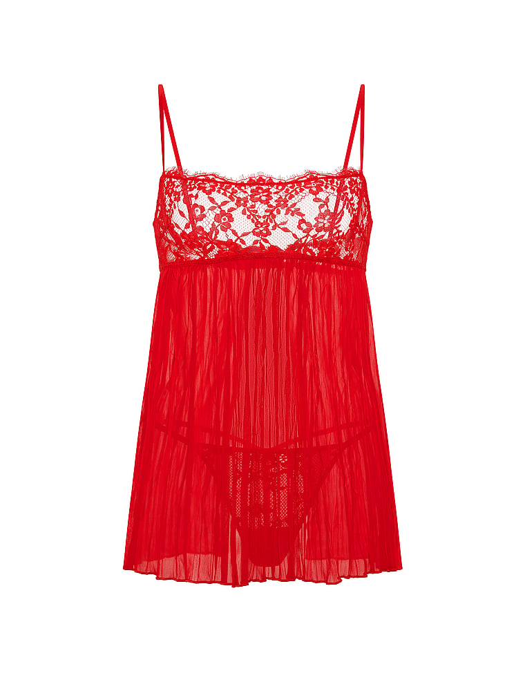 Dare to Dream Lace Pleated Babydoll Set - Bright Vermillion