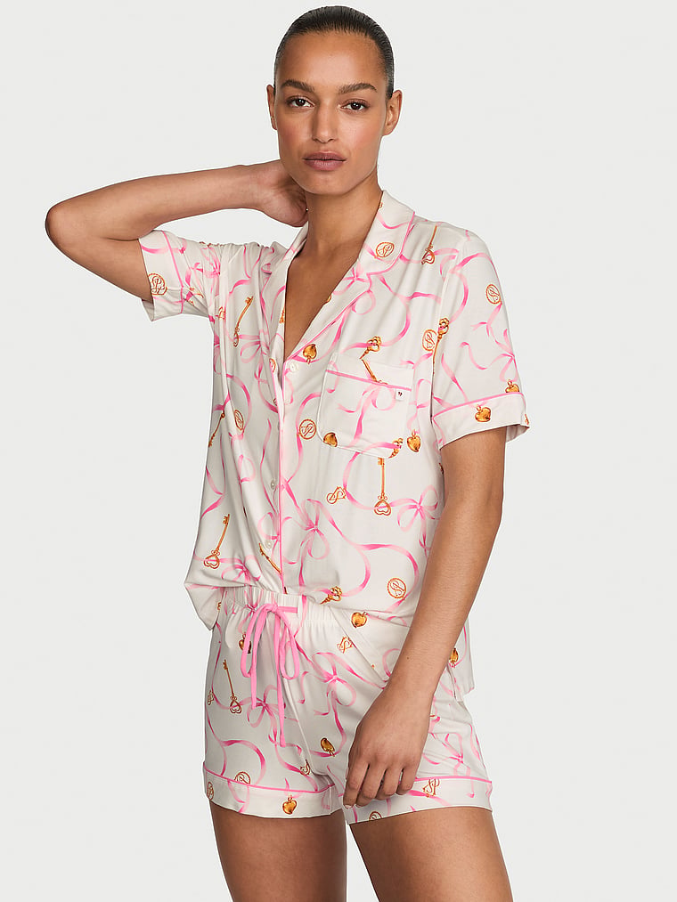 SoSoft™ Modal Short Pajama Set - Vs White Key Bow Print