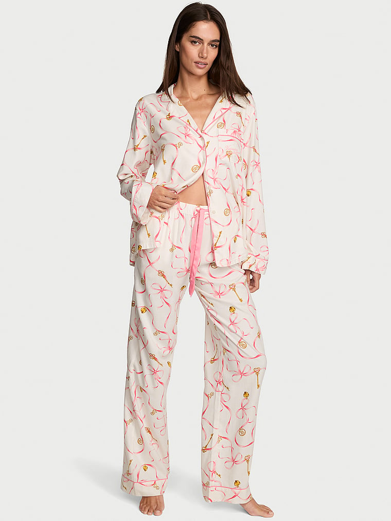 CozyFlannel™ Long Pajama Set - White Key Ribbons