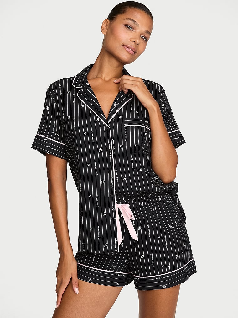 CozyFlannel™ Short Pajama Set - Black Heart Stripes