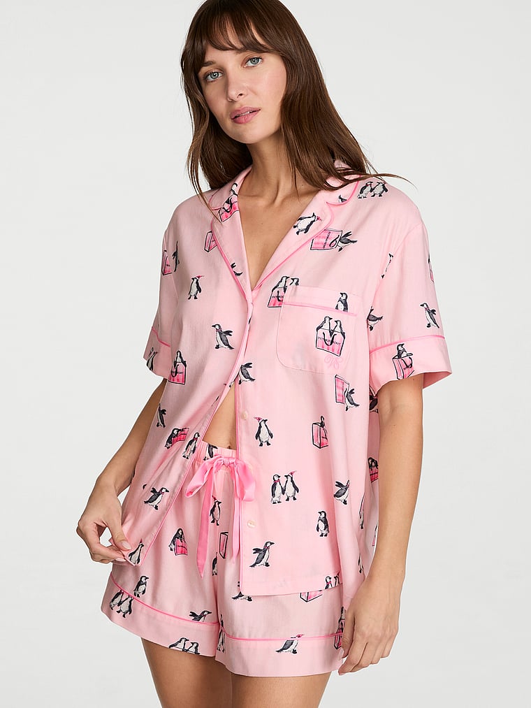 CozyFlannel™ Short Pajama Set - Pink Penguins