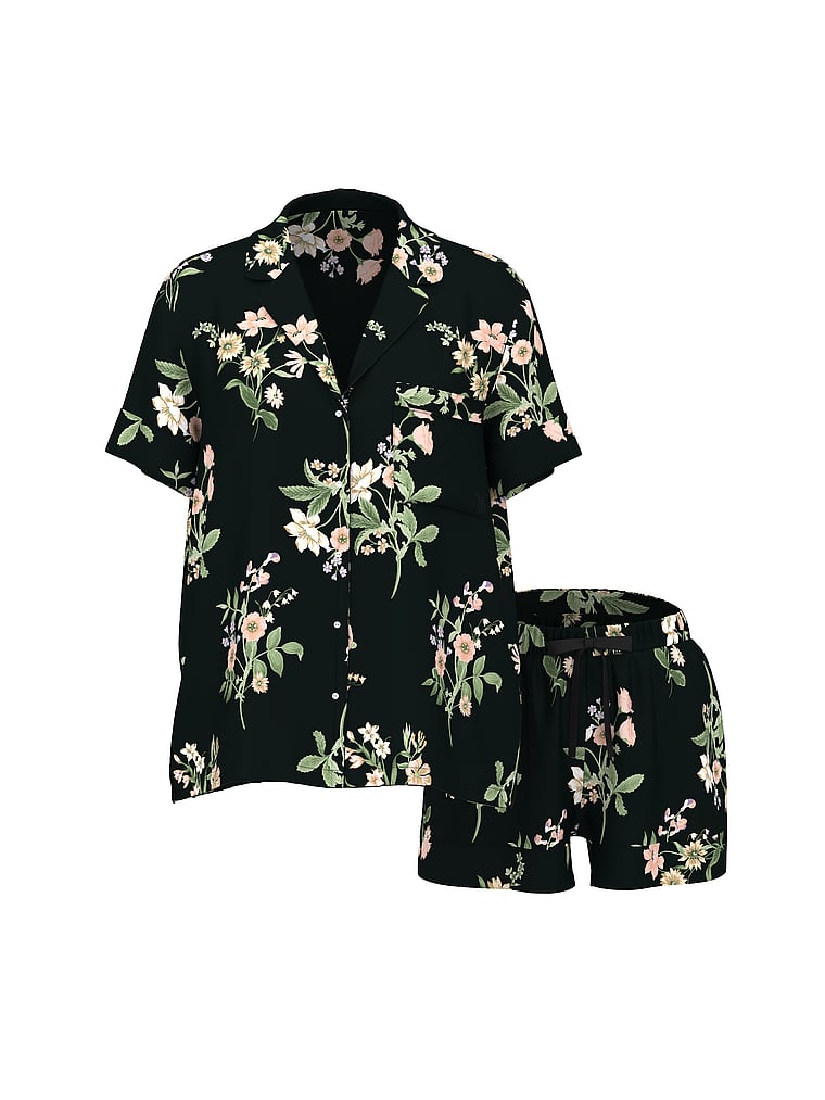 Signature Satin Short Pajama Set - Black Botanical