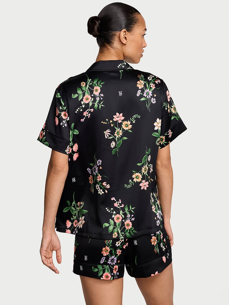 Signature Satin Short Pajama Set - Black Botanical