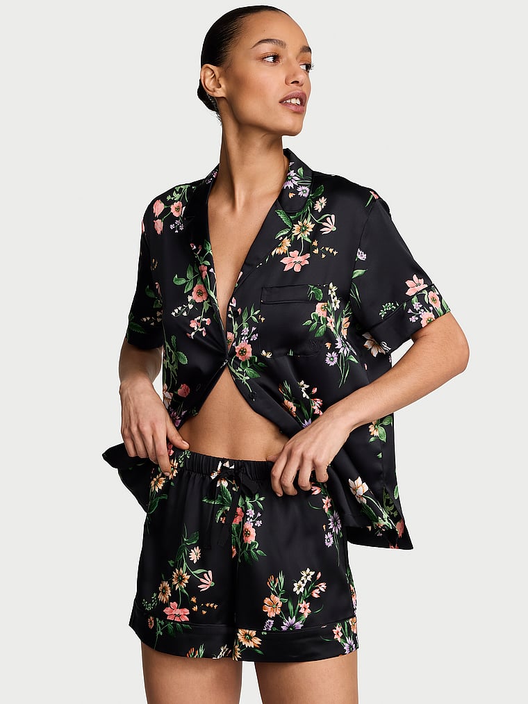 Signature Satin Short Pajama Set - Black Botanical