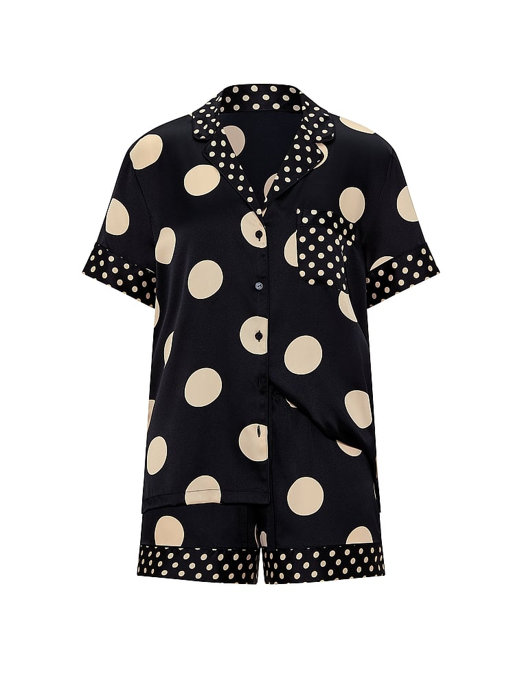 Signature Satin Short Pajama Set - Black/Tan Dots
