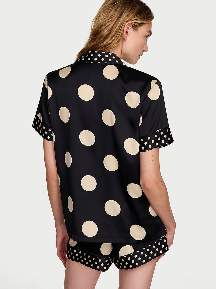 Signature Satin Short Pajama Set - Black/Tan Dots