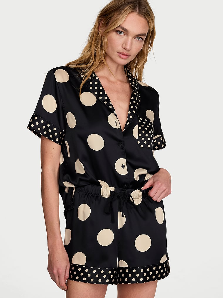 Signature Satin Short Pajama Set - Black/Tan Dots
