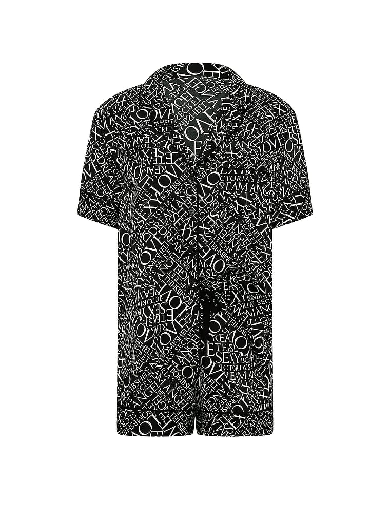 Signature Satin Short Pajama Set - Black & White Newspaper