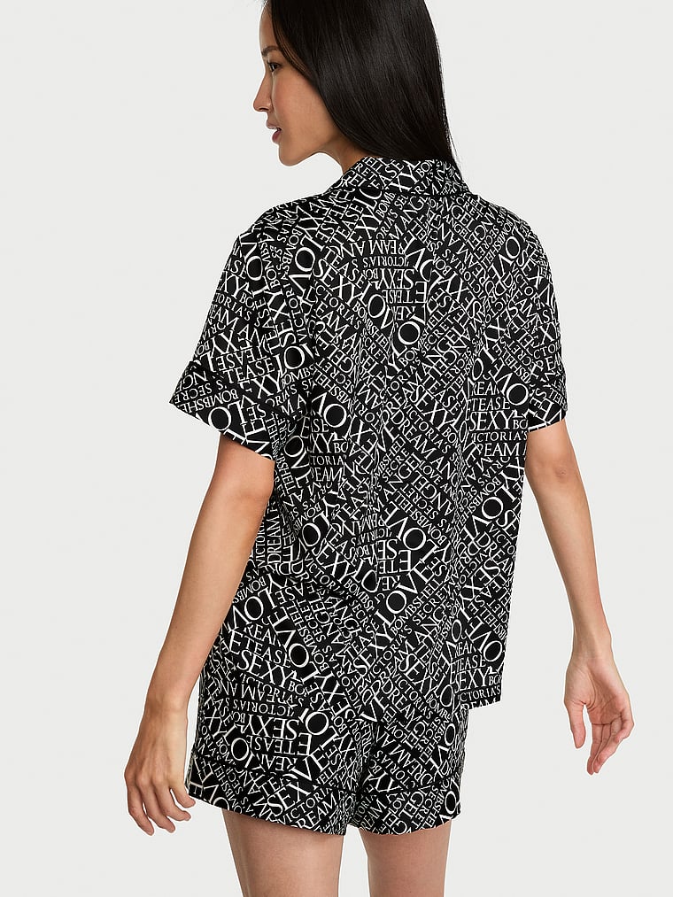 Signature Satin Short Pajama Set - Black & White Newspaper