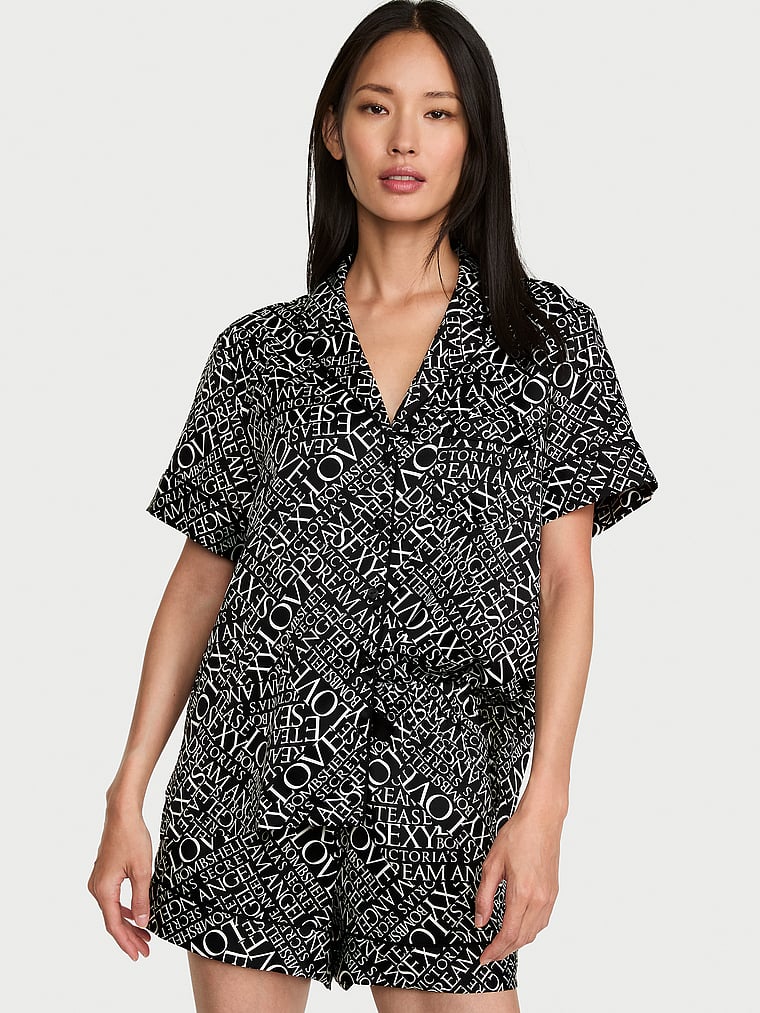 Signature Satin Short Pajama Set - Black & White Newspaper